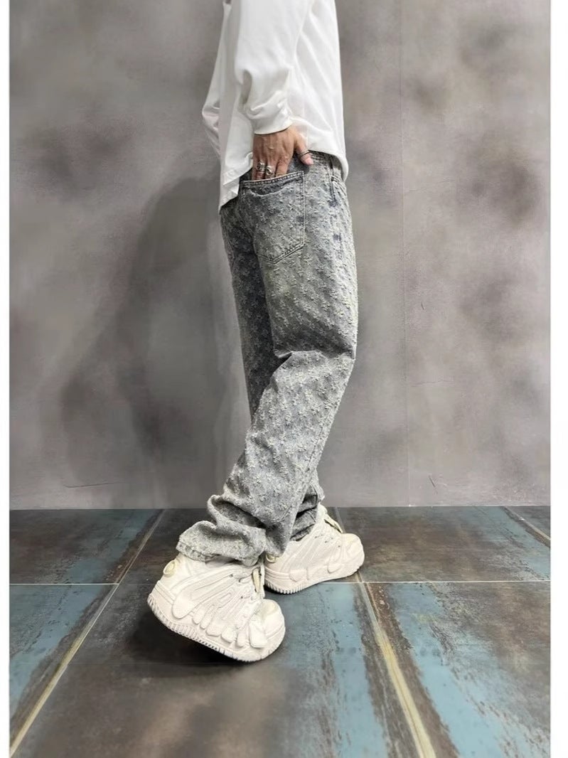 American Style High Street Ripped Jeans Men'S Summer Jacquard Design Sense Parisian Style Pants Trendy Brand Vibe Straight Pants - Image 4